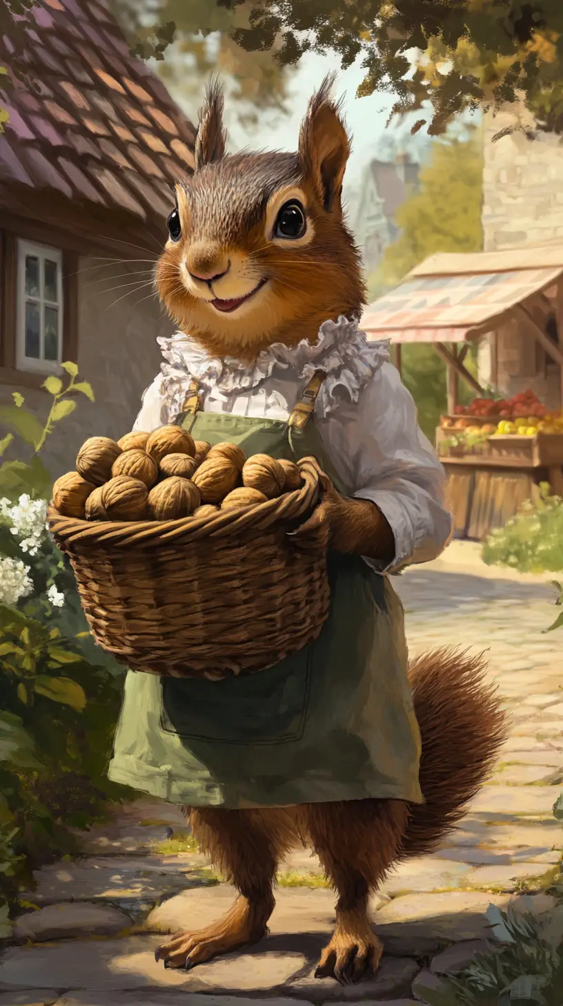 Friendly squirrel with basket at a rustic village fruit stand