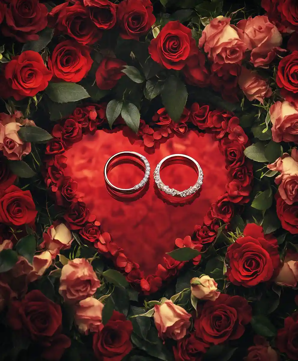 Valentine heart with roses and intertwined wedding rings