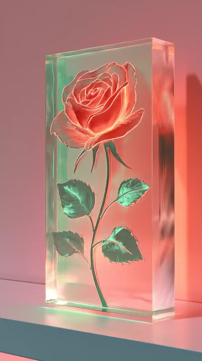 Glowing etched rose on glass with fiber optic light