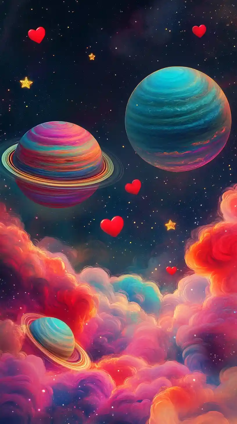 Colorful cosmic dreamscape with glowing planets and nebula clouds