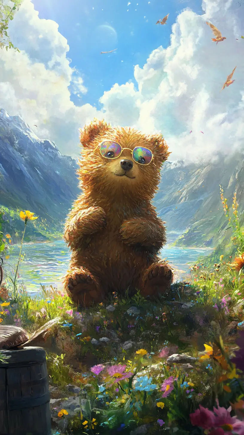 Cute glasses bear by a magical moonlit fountain