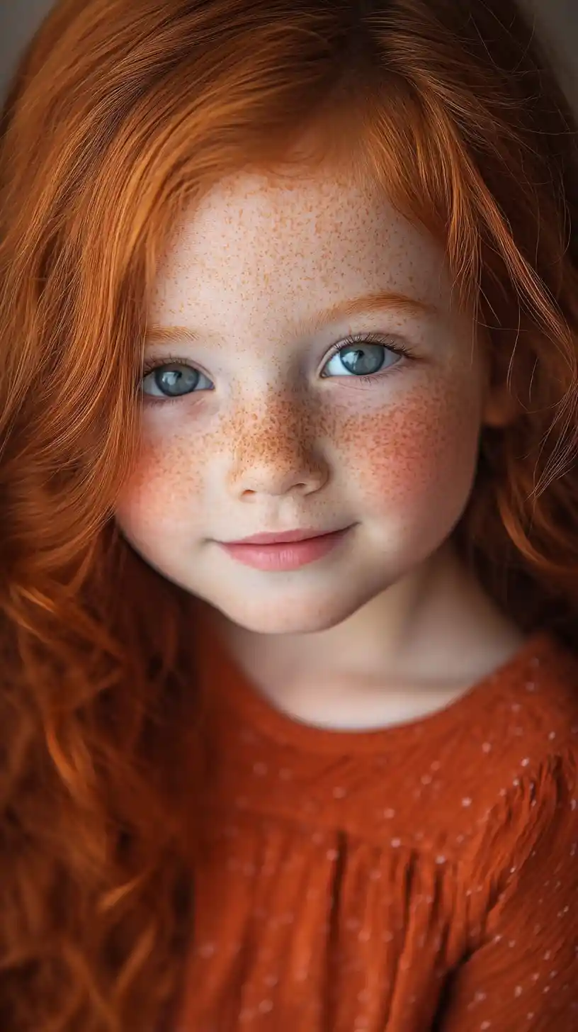 Smiling red haired little girl with blue gray eyes