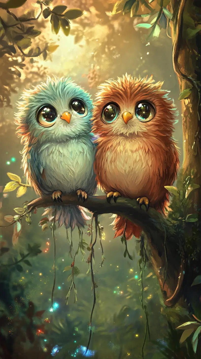 Three whimsical baby owls in a glowing forest