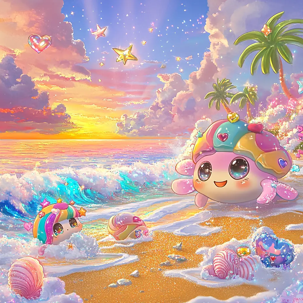 Cute anime sea turtles on a sparkling sunset beach