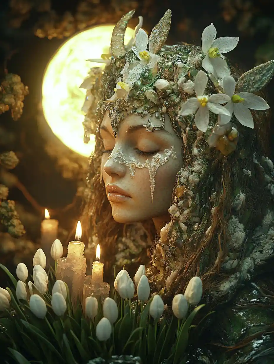 Dea gallese Brigid all’alba con bucaneve di cristallo
