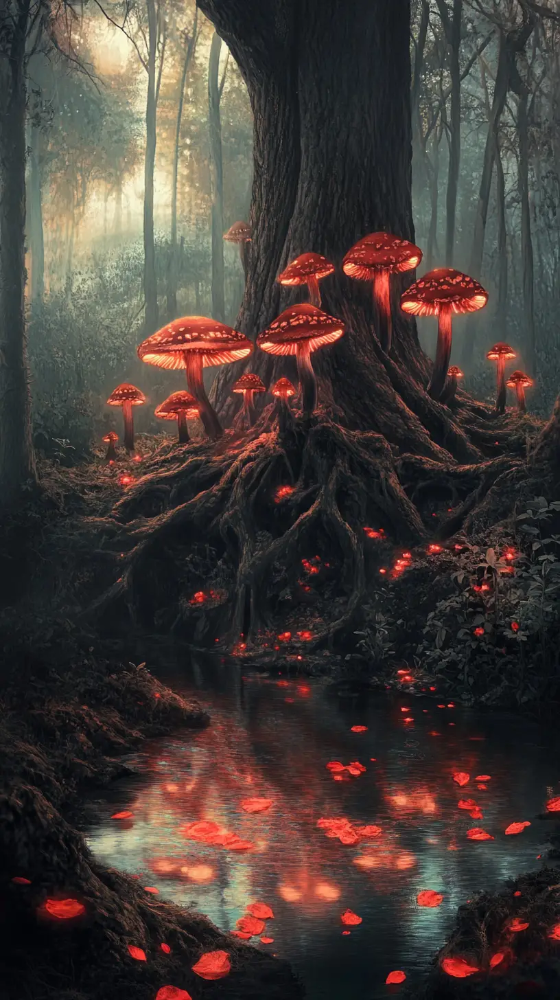 Surreal Forest With Glowing Red Mushrooms Reflected In Water