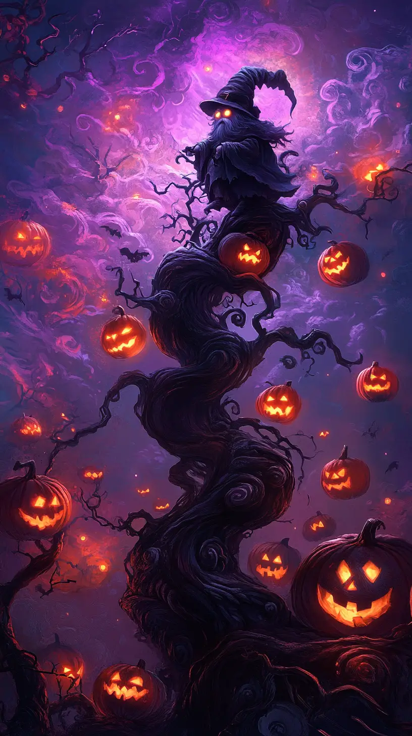 Giant gnome on haunted tree with glowing jack o lanterns