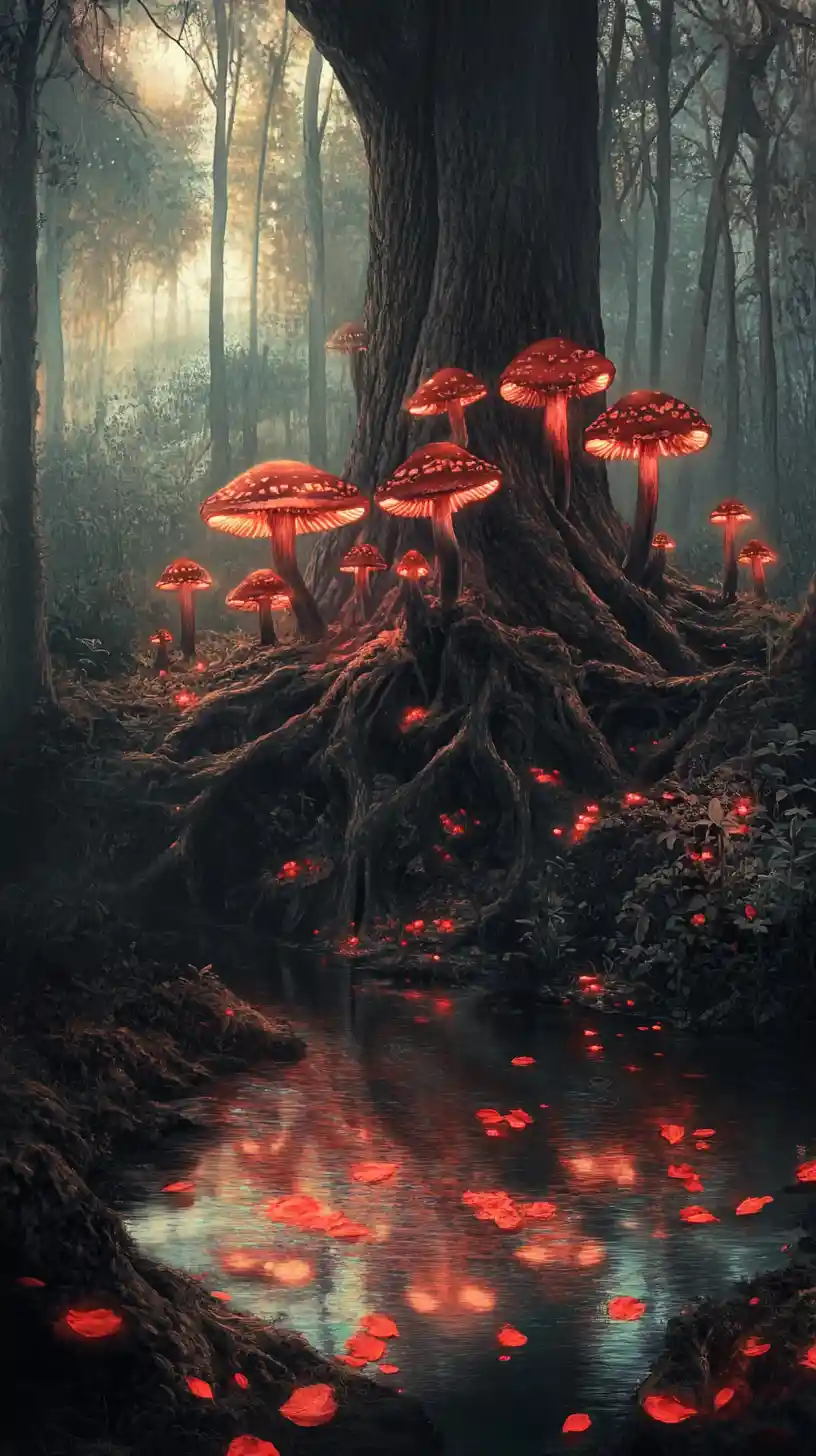 Surrealer Wald mit leuchtend roten Pilzen, die sich im Wasser spiegeln