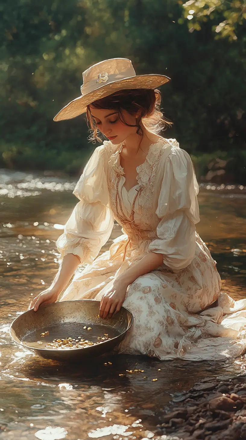 Woman panning for gold on a peaceful forest riverbank