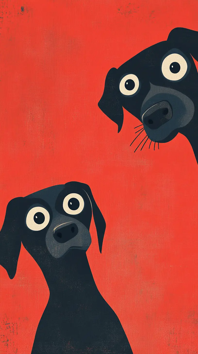 Playful graphic illustration of two black dogs on red