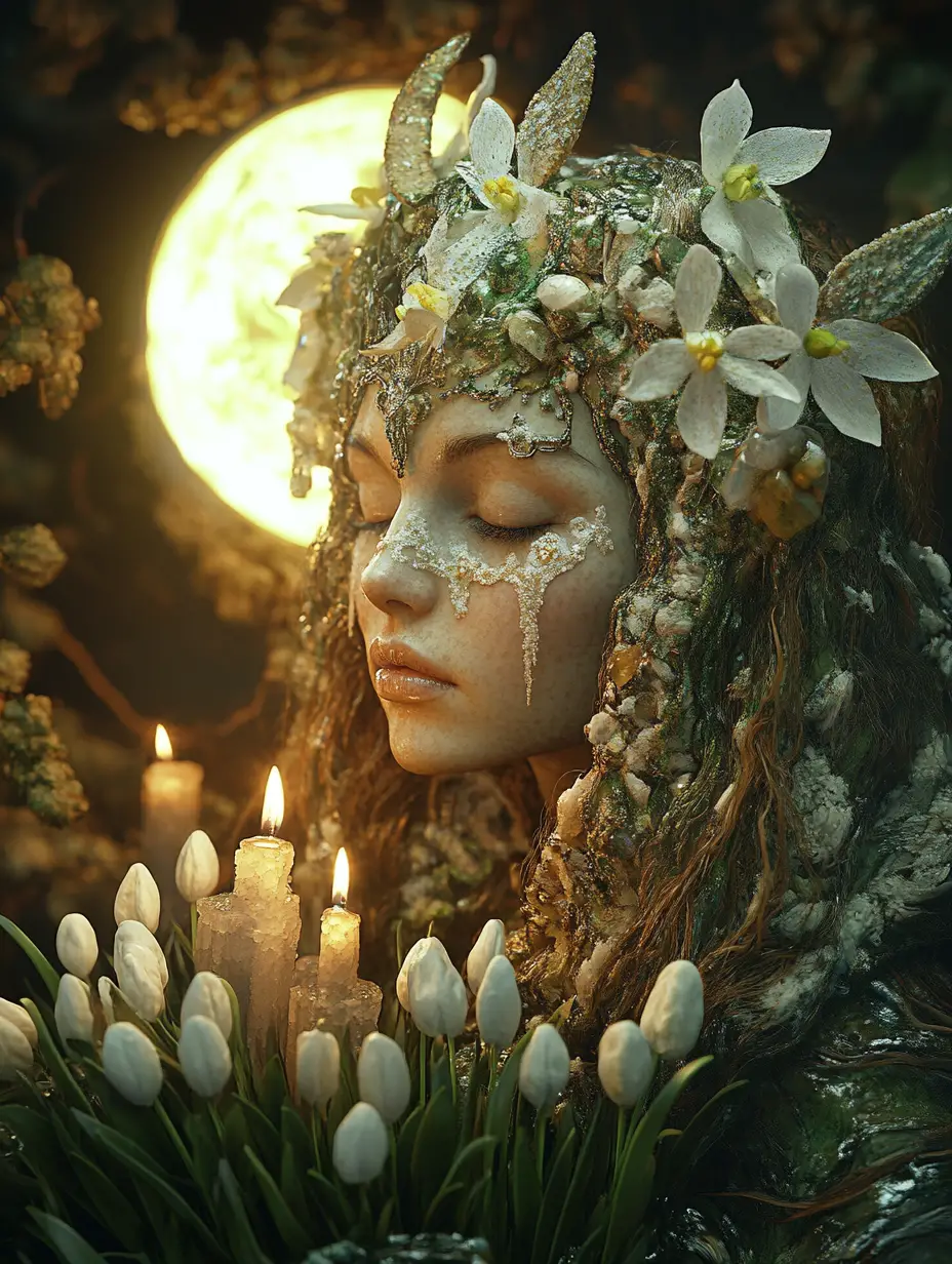 Dea gallese Brigid all’alba con bucaneve di cristallo
