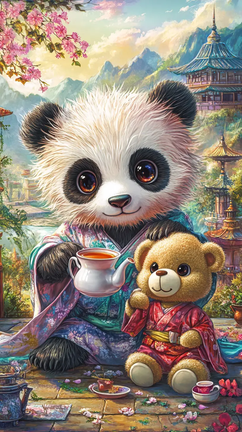 Cute panda in kimono having tea with teddy bear