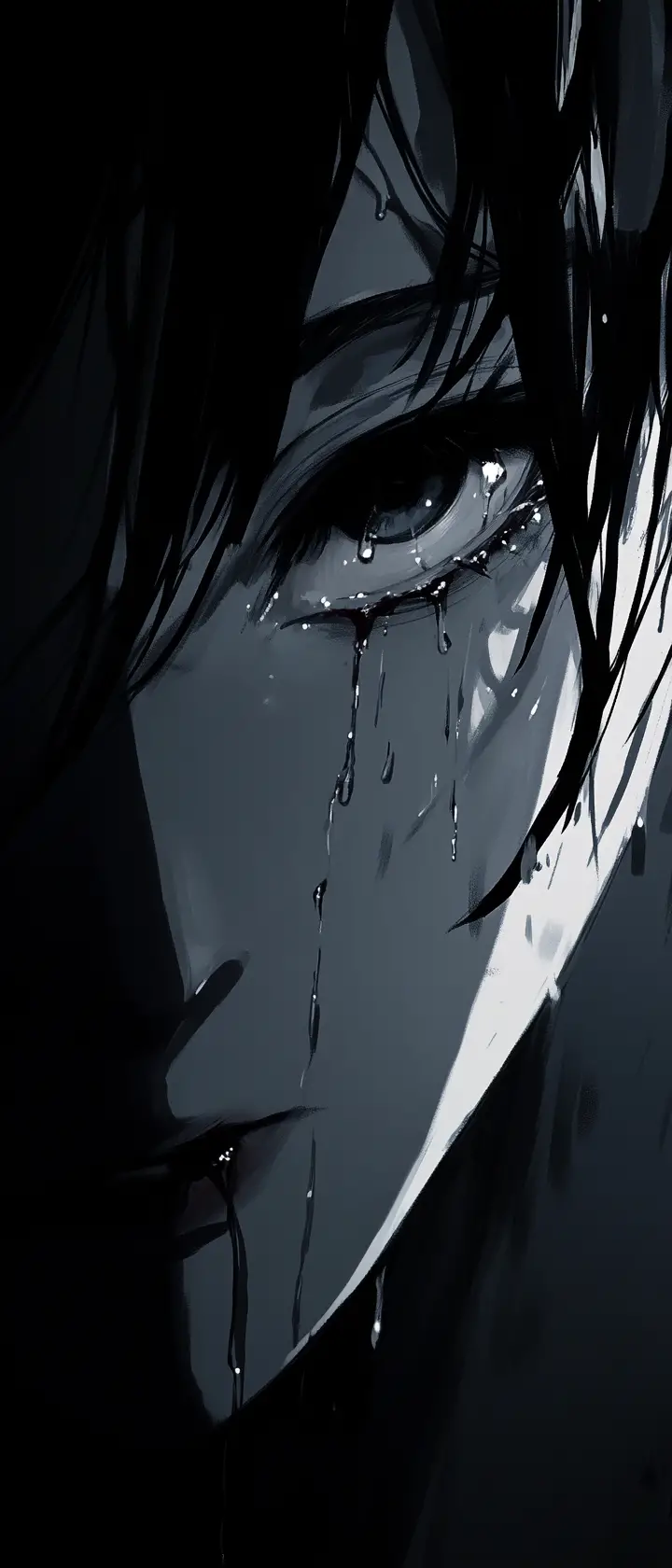Tearful anime girl close up in dark abstract background
