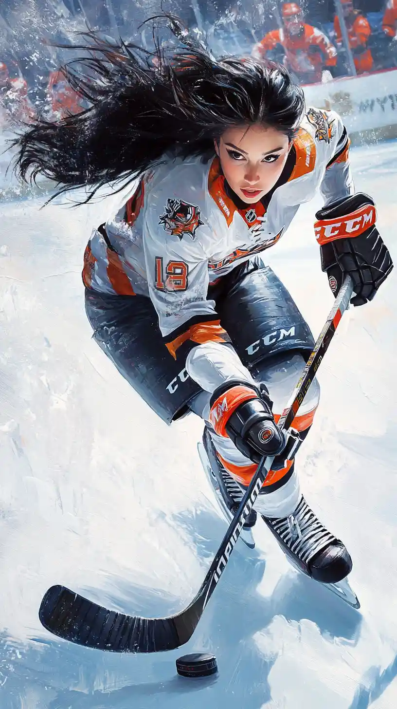 Dynamic woman playing ice hockey on vibrant ice rink
