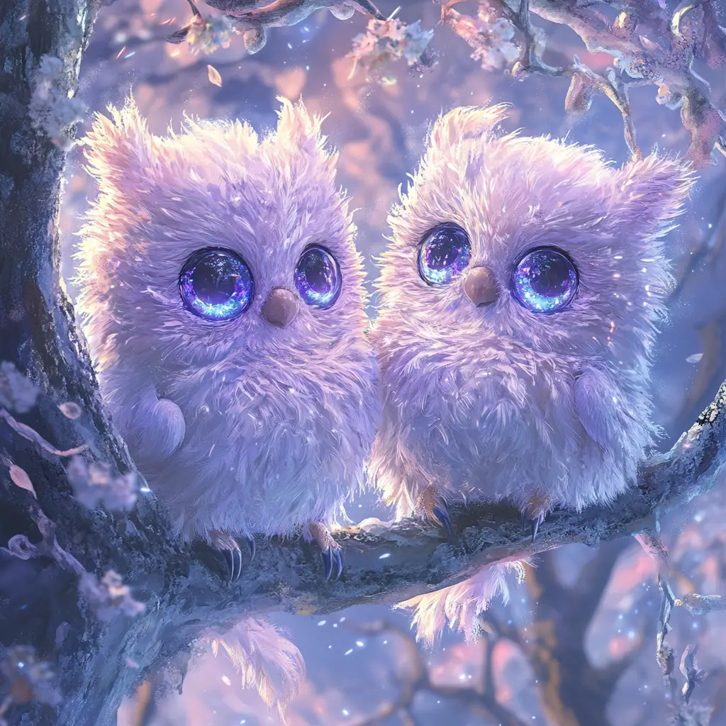 Two toy creatures kissing together while sitting in a tree