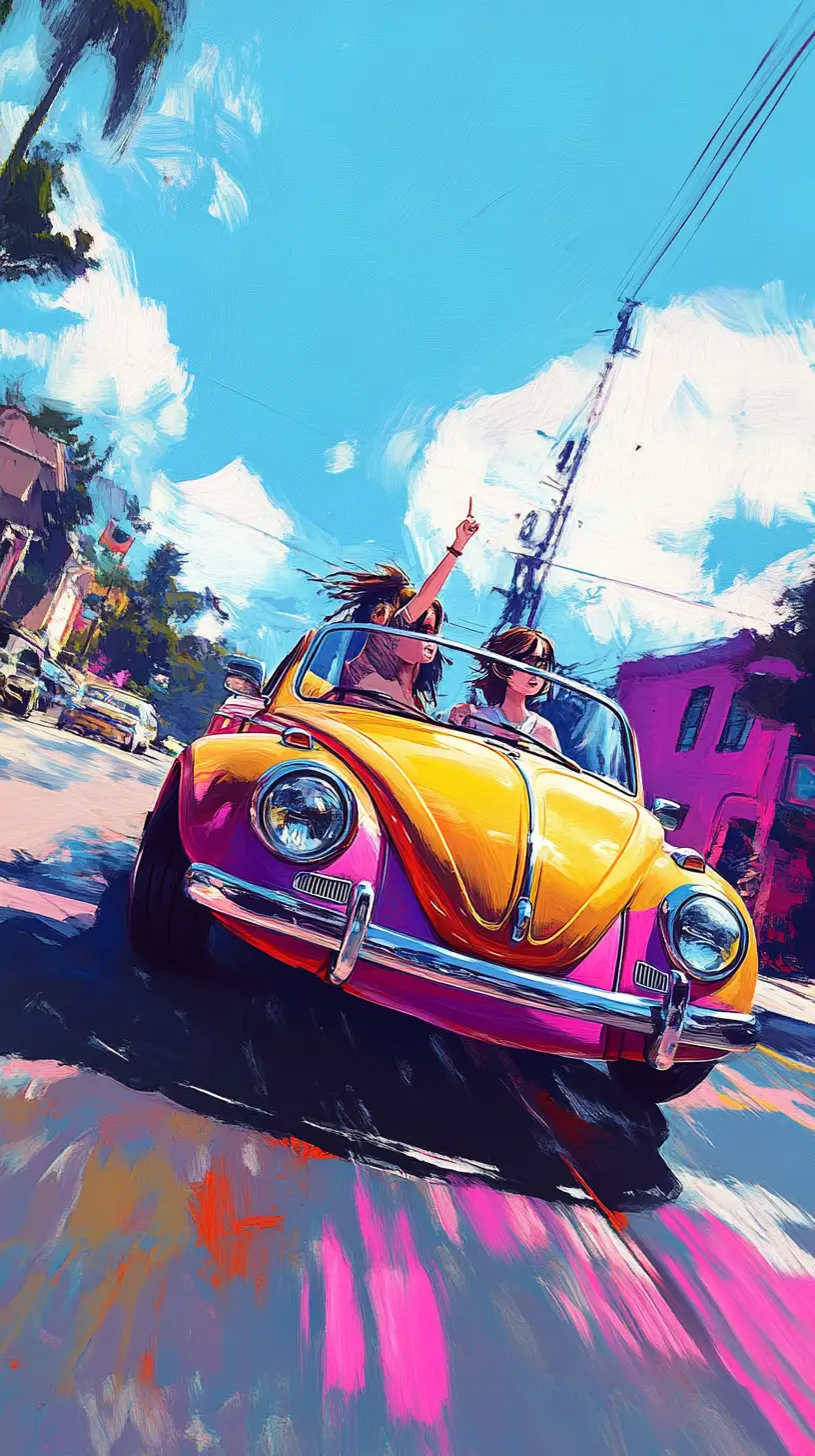 Cute anime girl driving a beetle convertible illustration