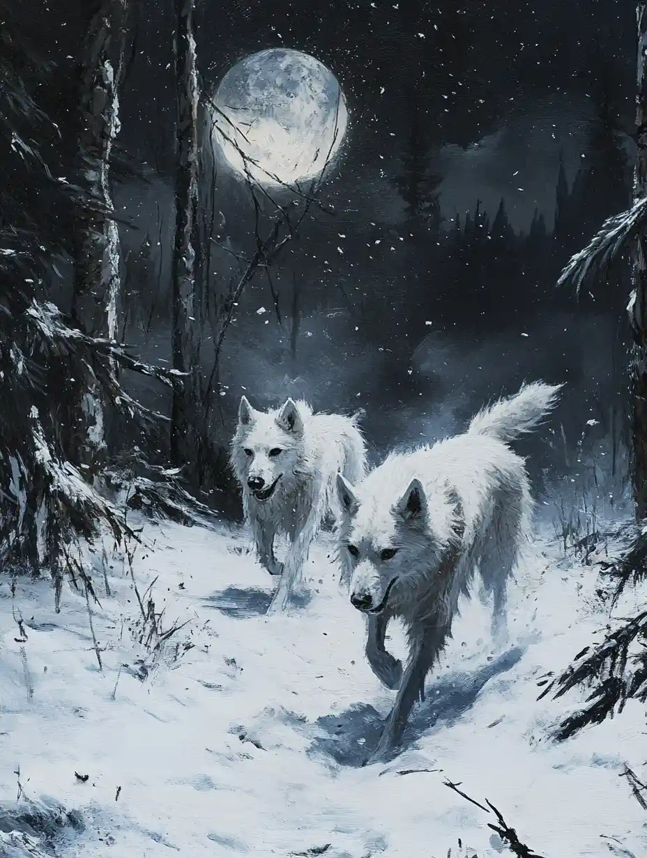 Two white dogs trotting through a snowy moonlit forest