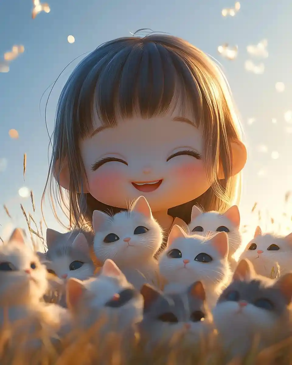 Chibi anime girl with playful kittens under blue sky