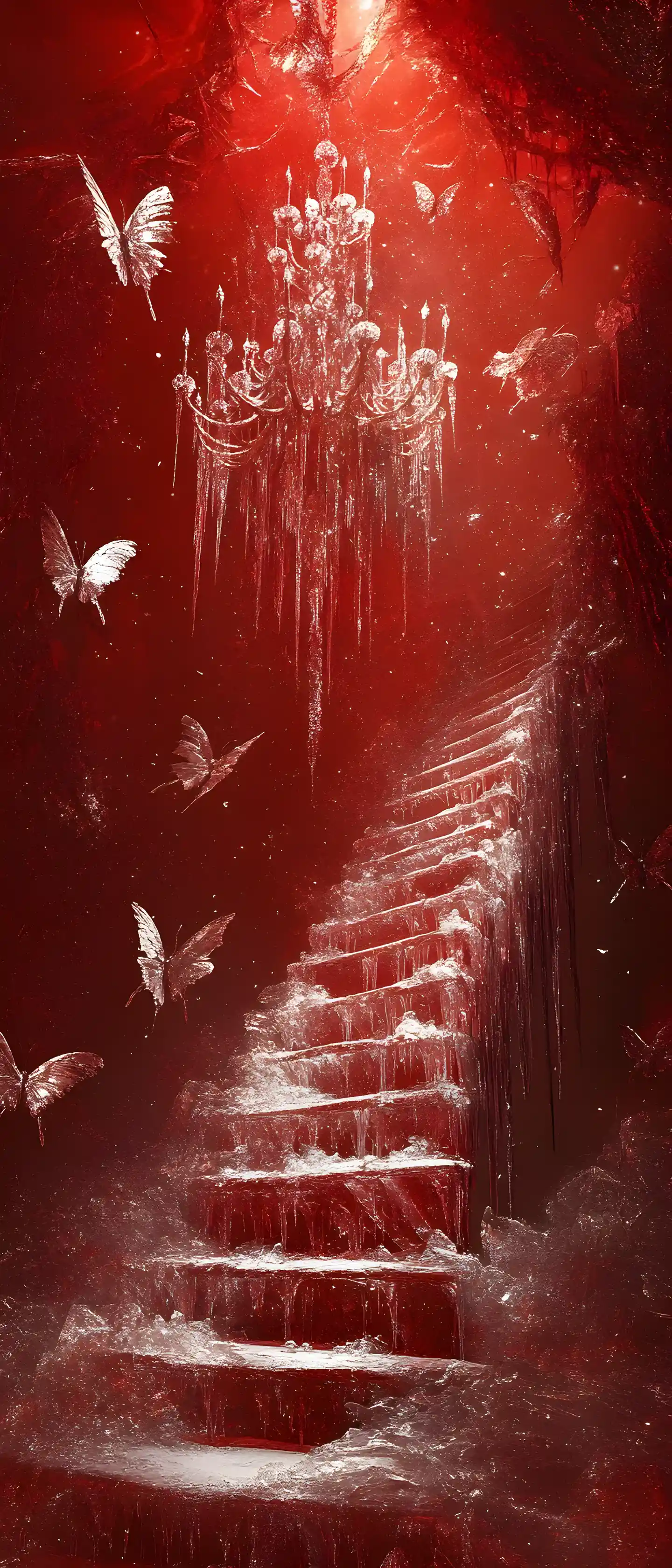 Surreal ice staircase ascending against bright red background