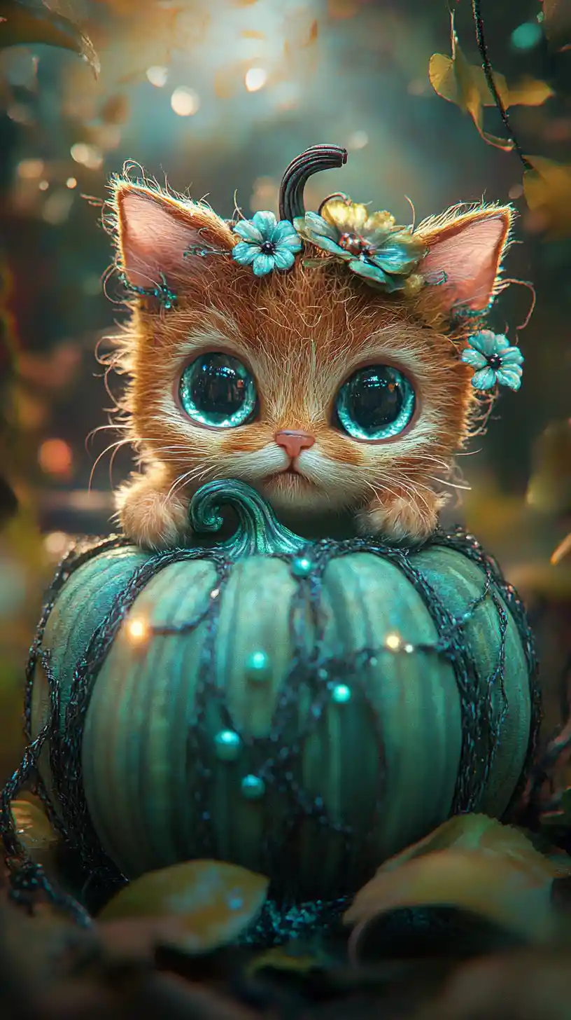 Cute fantasy cat in teal pumpkin in enchanted forest