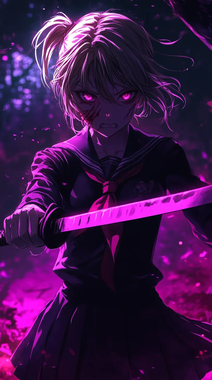 Creepy anime schoolgirl with knife in dramatic light