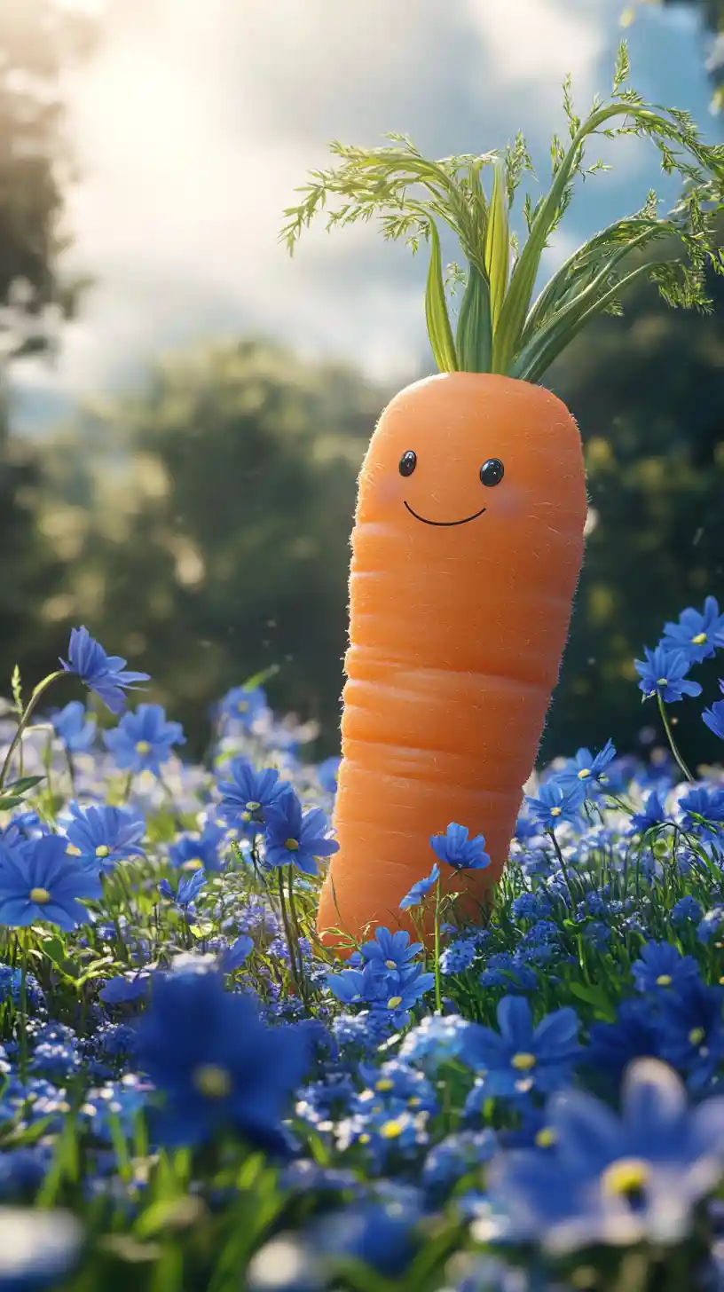 Cheerful orange carrot in a blue flower meadow