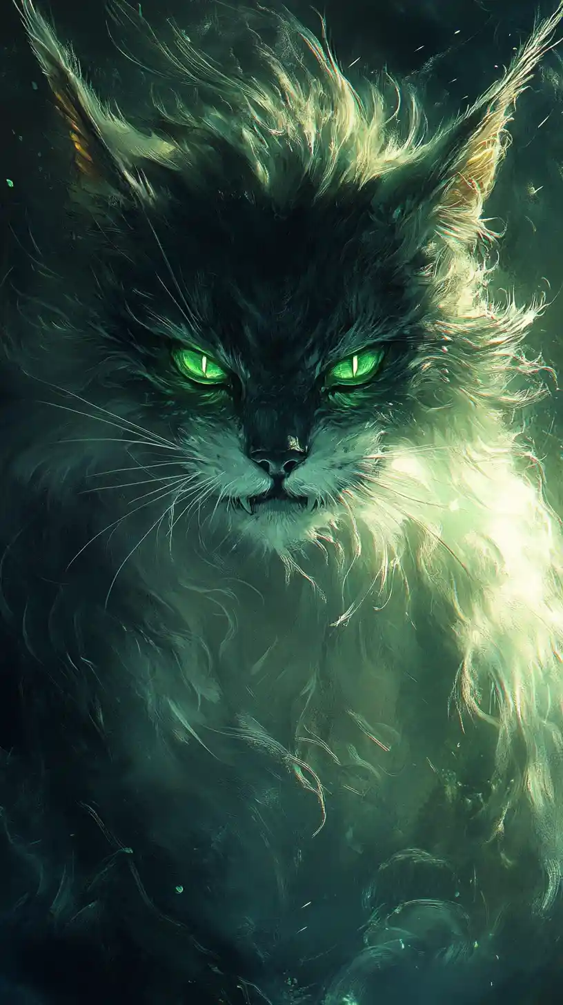 Alien feline creature with piercing green eyes
