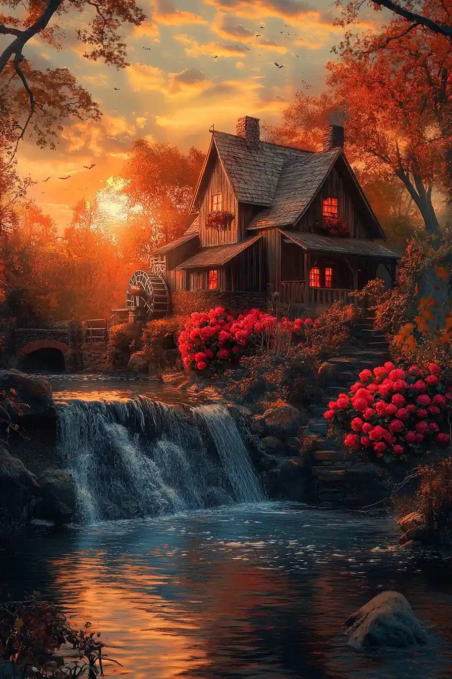 Watermill By A River At Sunset With Autumn Willows
