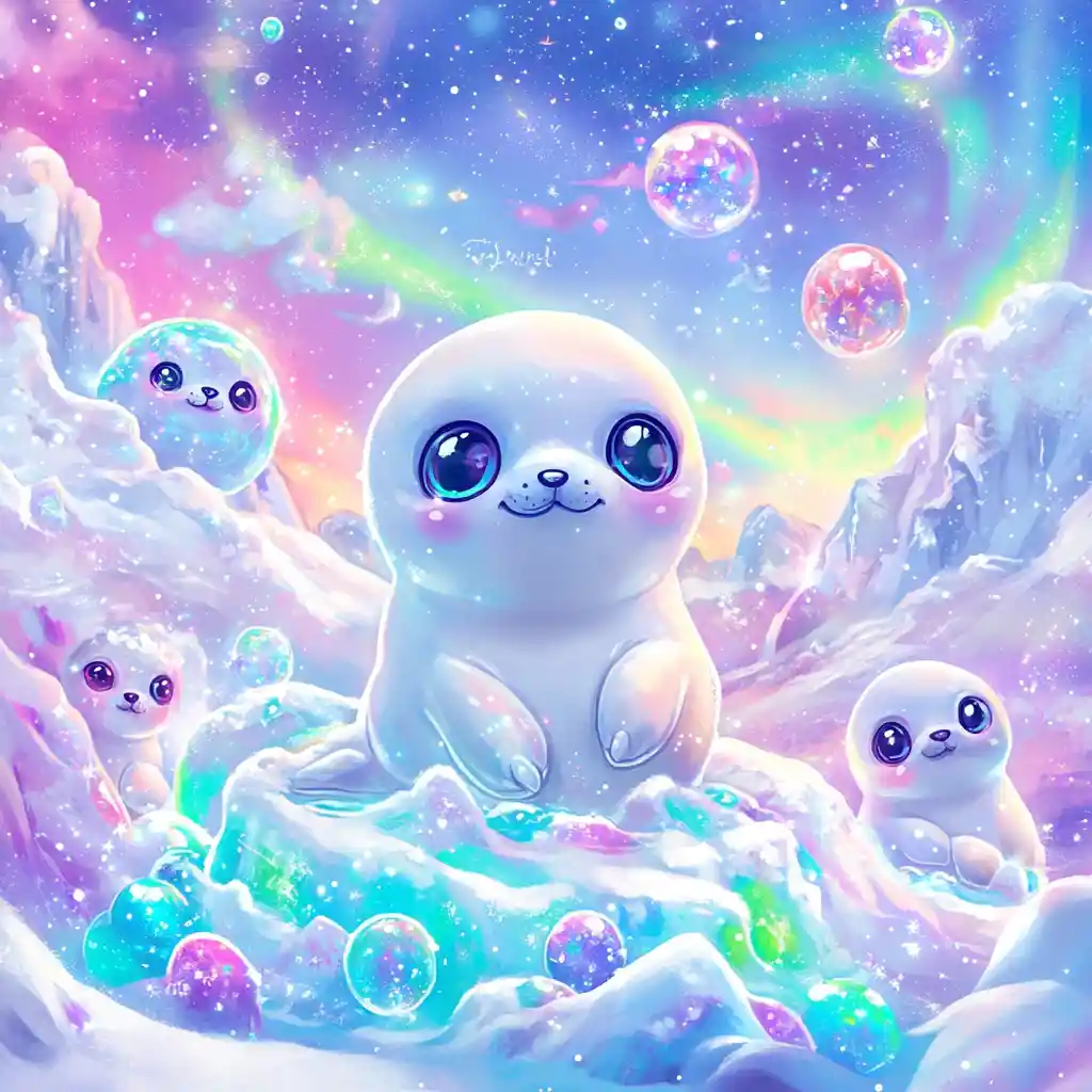 Playful Chibi Baby Seals In A Rainbow Arctic Dream