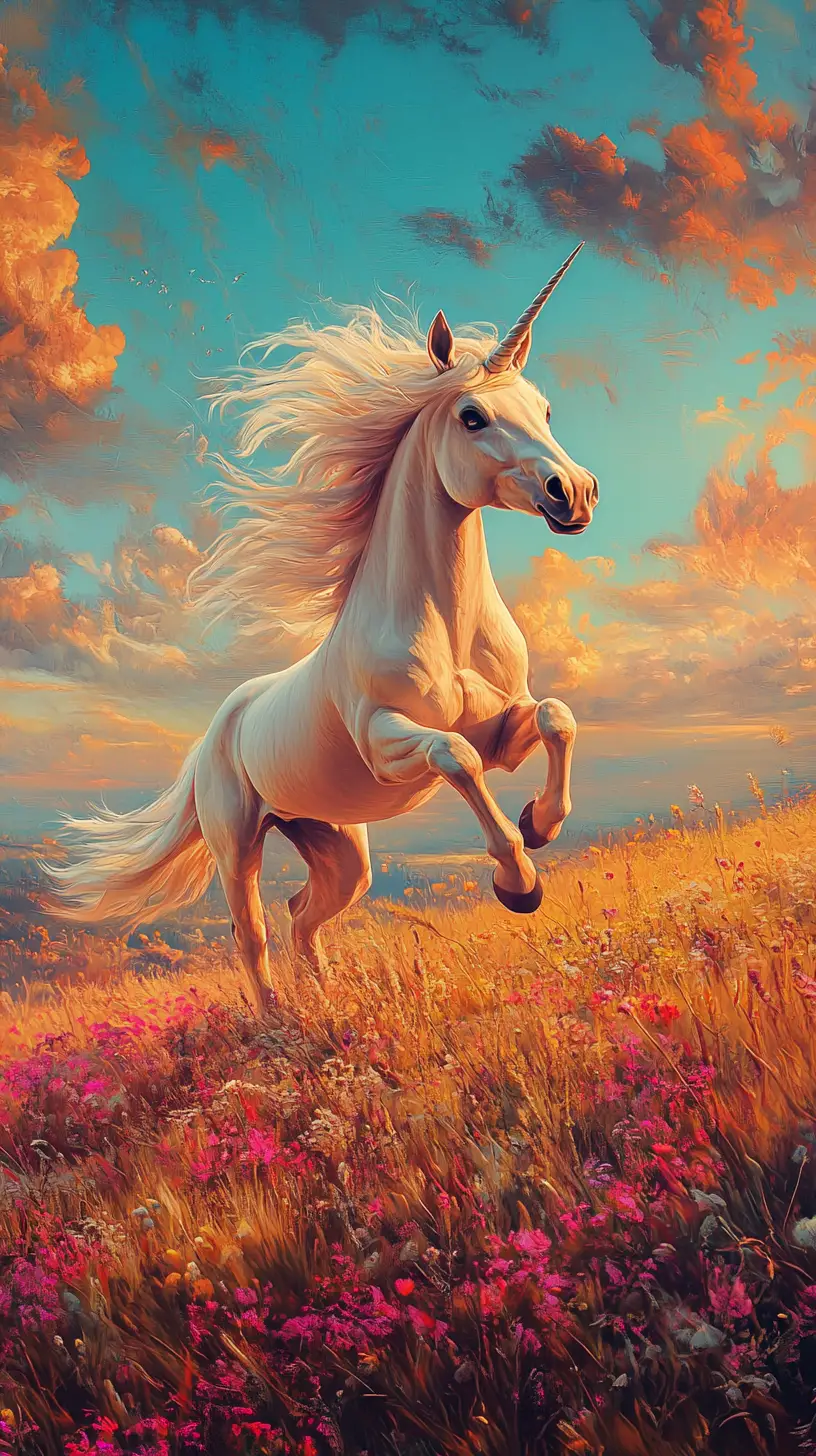 Colorful pop surreal unicorn running through open field