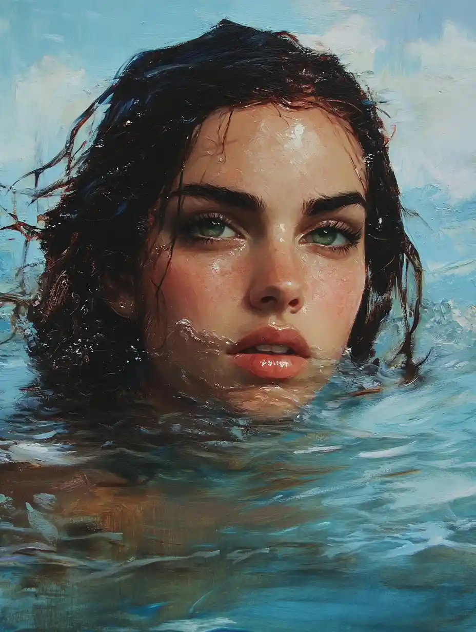 Intense green eyed woman submerged beneath calm water