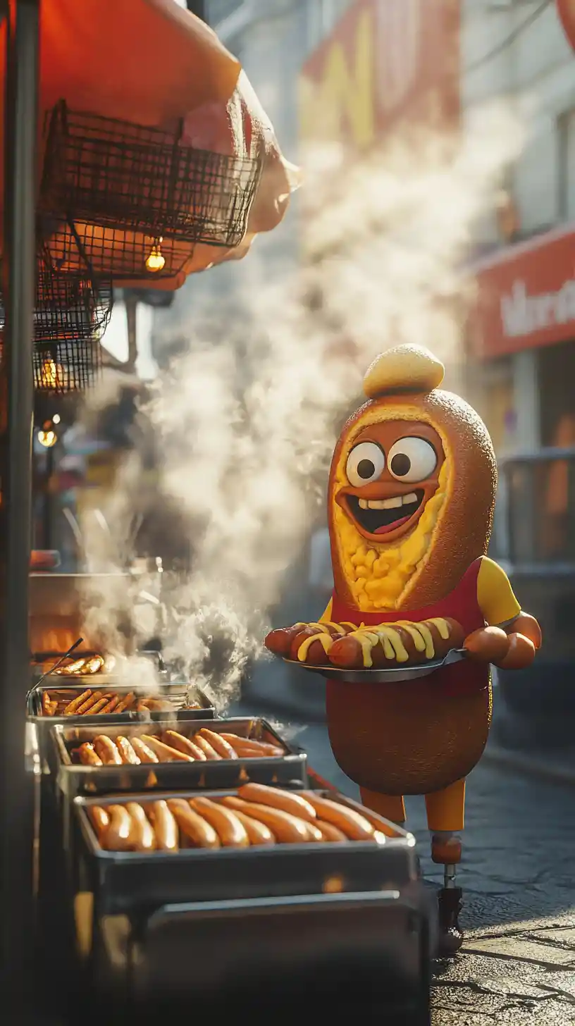 Cheerful Hot Dog Vendor Serving Food On Busy Street