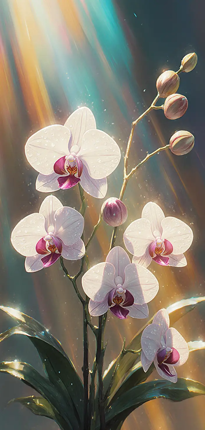 Backlit orchid flowers with transparent petals and dew