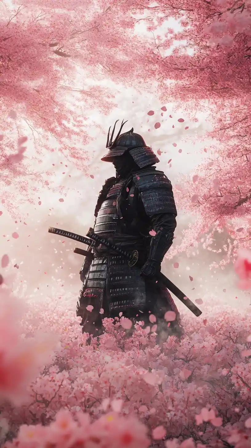 Lone samurai in cherry blossoms under warm sunlight