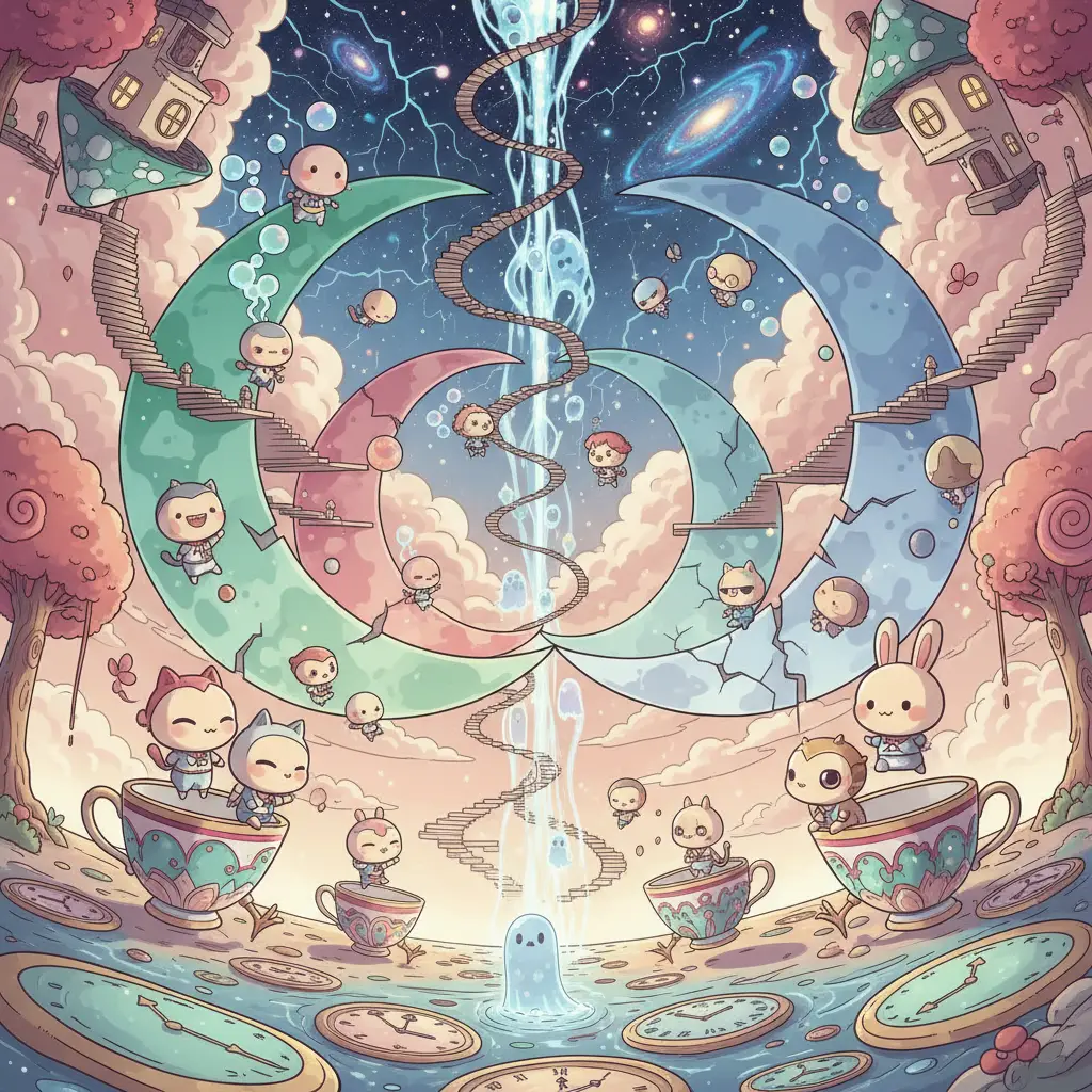 Chibi Characters Floating Through A Surreal Dreamscape
