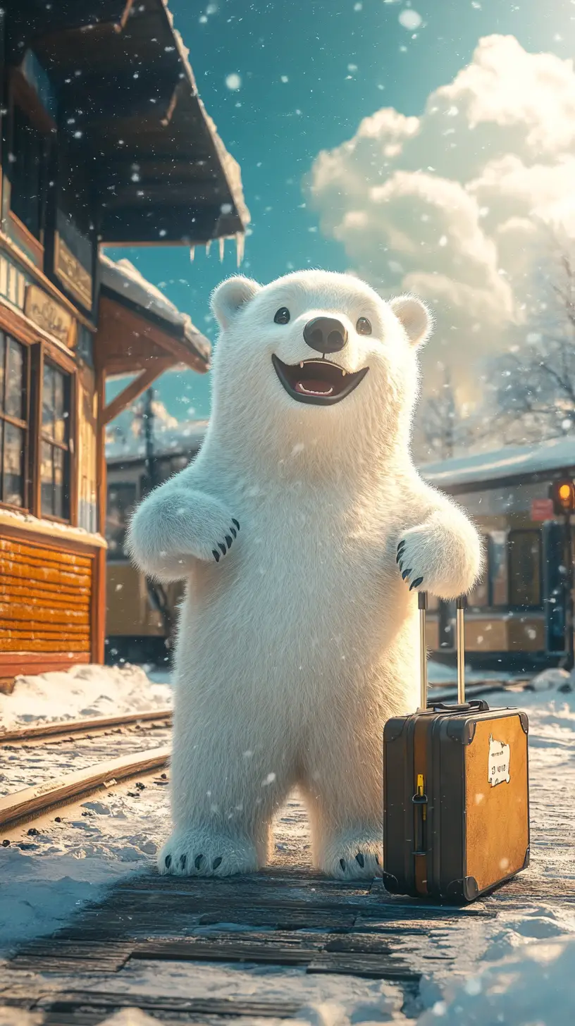 Happy polar bear at a winter train station with suitcase