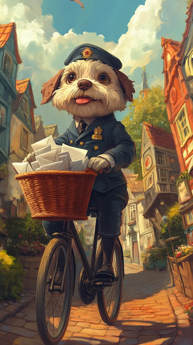 Cute dog postman cycling through a fantasy village