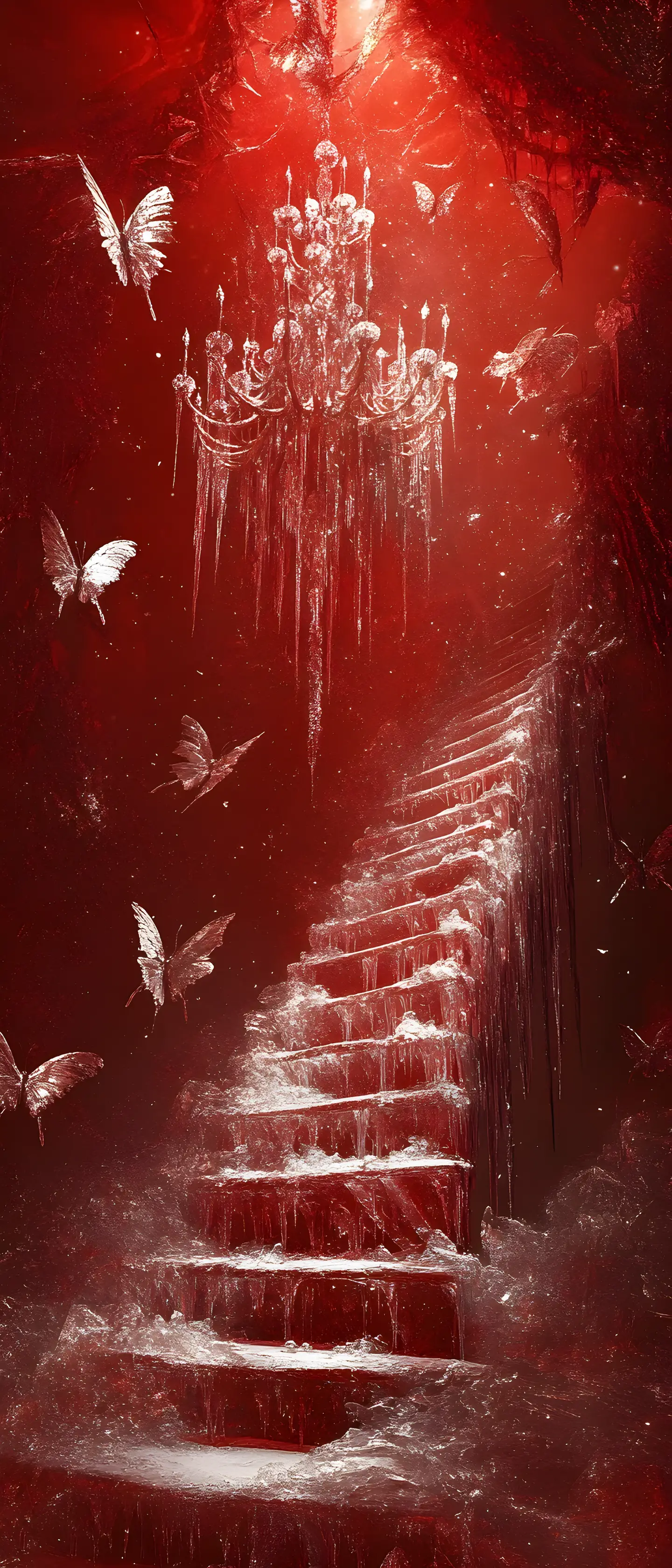 Surreal ice staircase ascending against bright red background