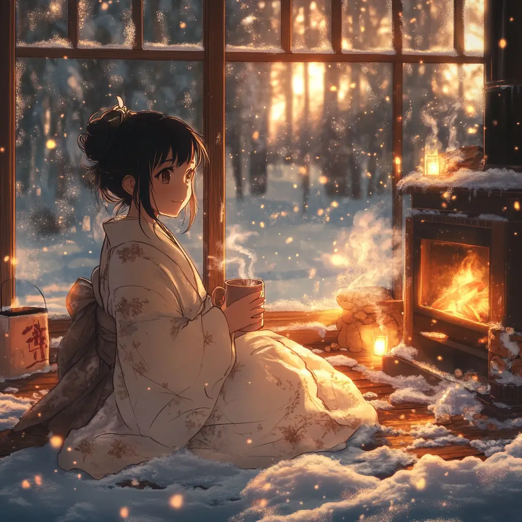 Chica de anime con kimono junto a la chimenea en una cabaña nevada