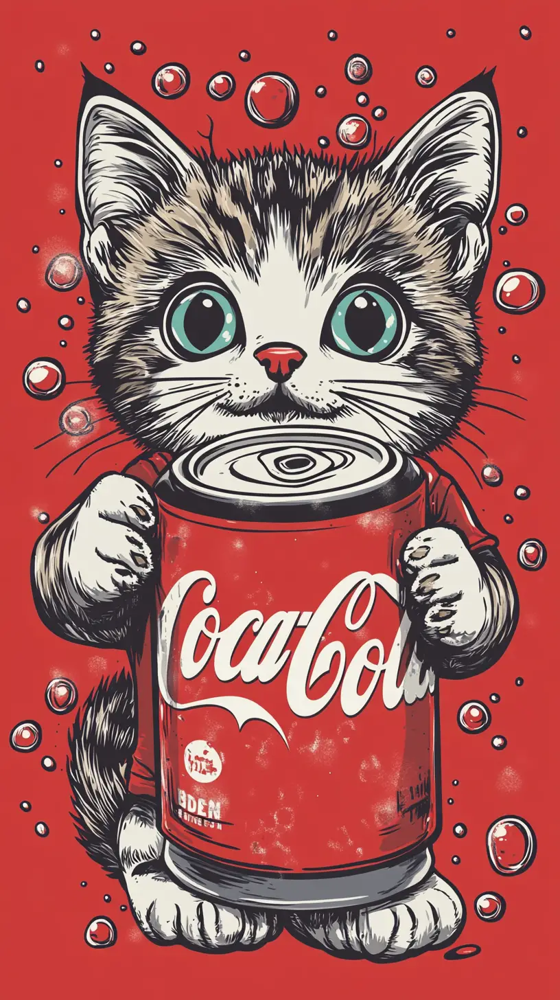 Cute chibi cat holding a soda can on red background