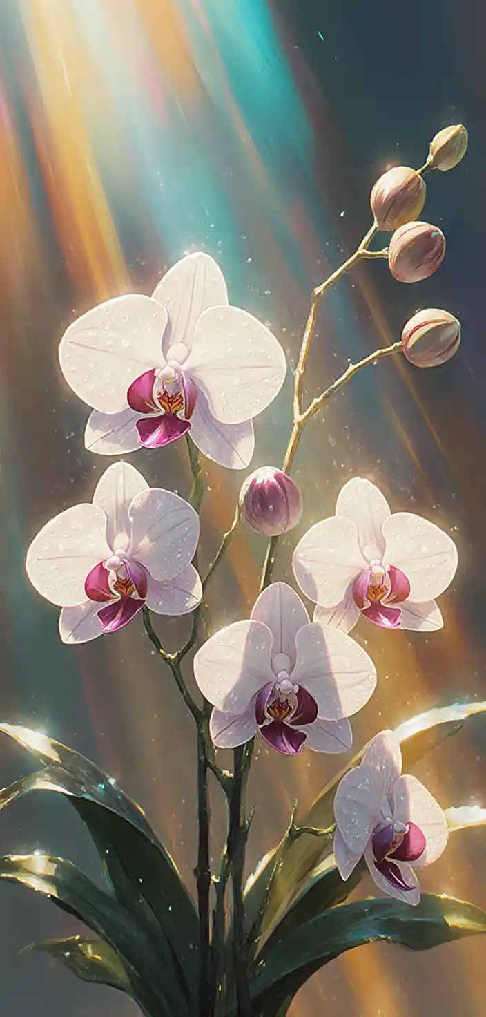 逆光に透ける花びらと露がきらめくランの花