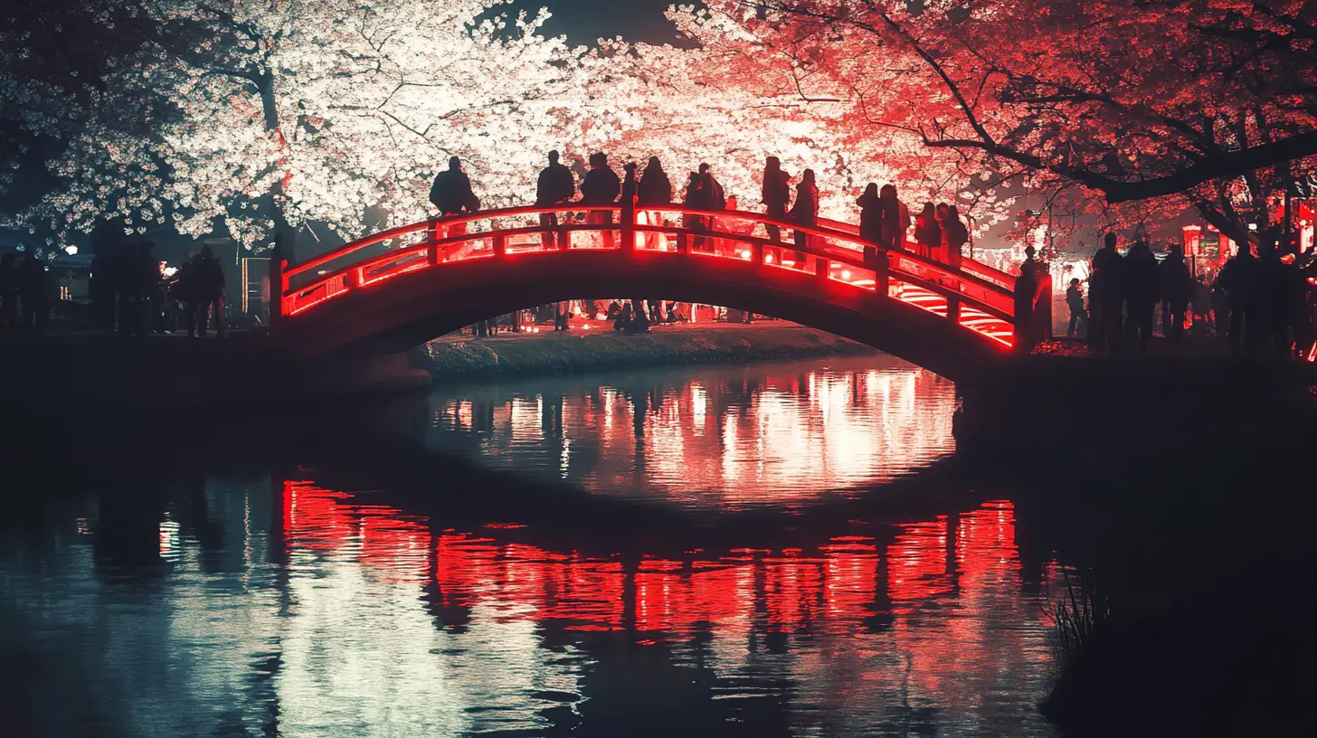 Night bridge with cherry blossoms reflected on still water