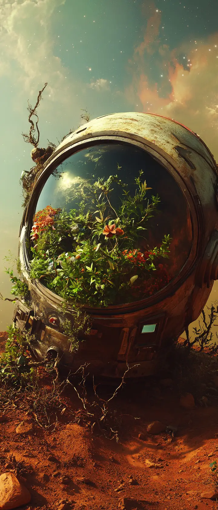 Miniature jungle inside an abandoned astronaut helmet on Mars