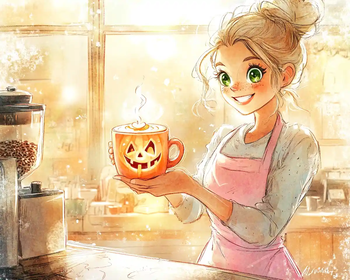 Anime barista offering jack o lantern latte art
