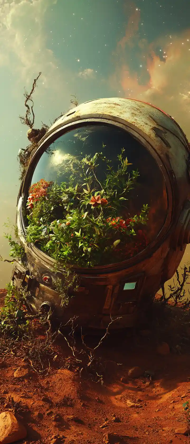 Miniature jungle inside an abandoned astronaut helmet on Mars
