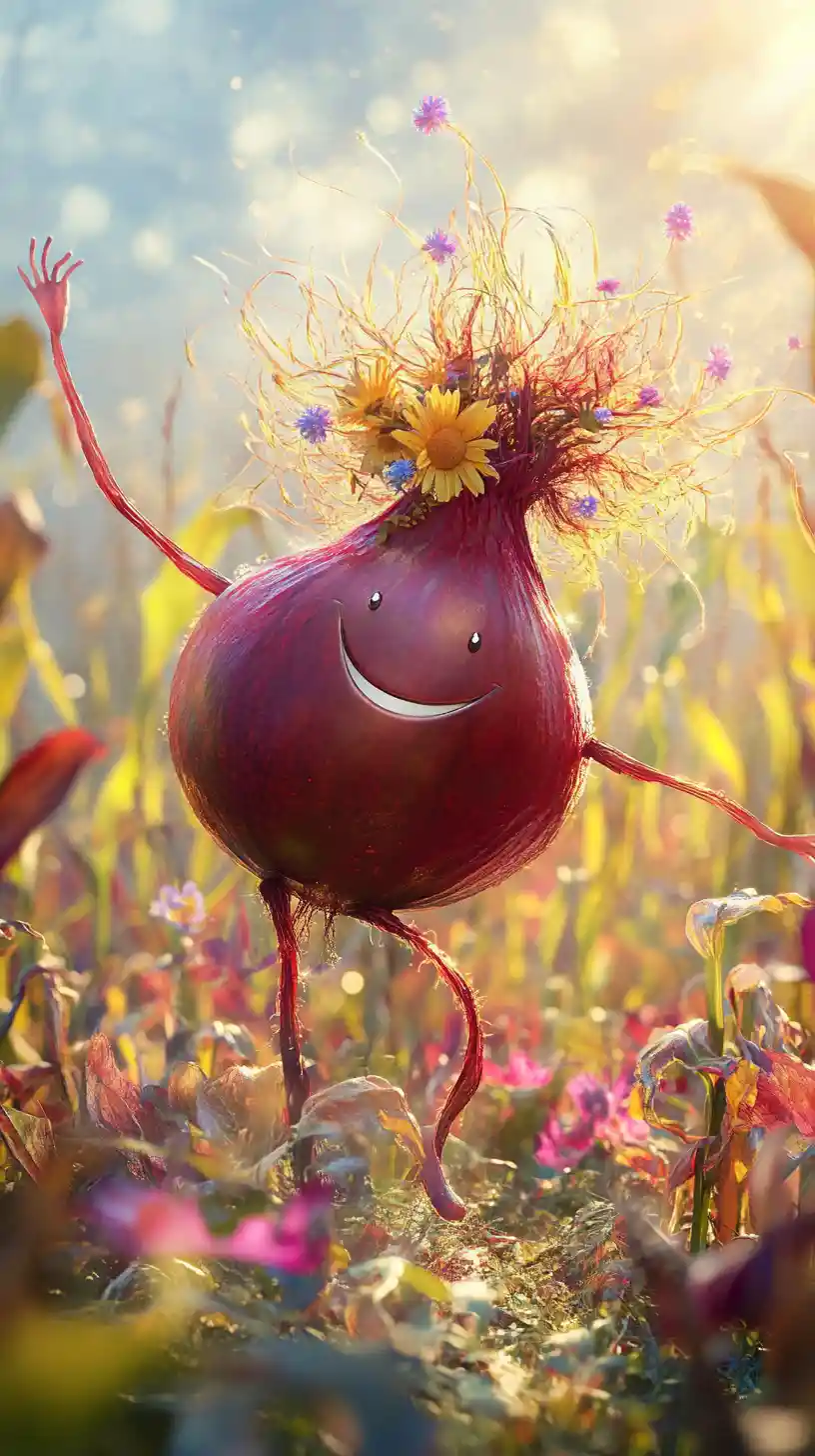 Whimsical beetroot girl standing in a sunny cornfield