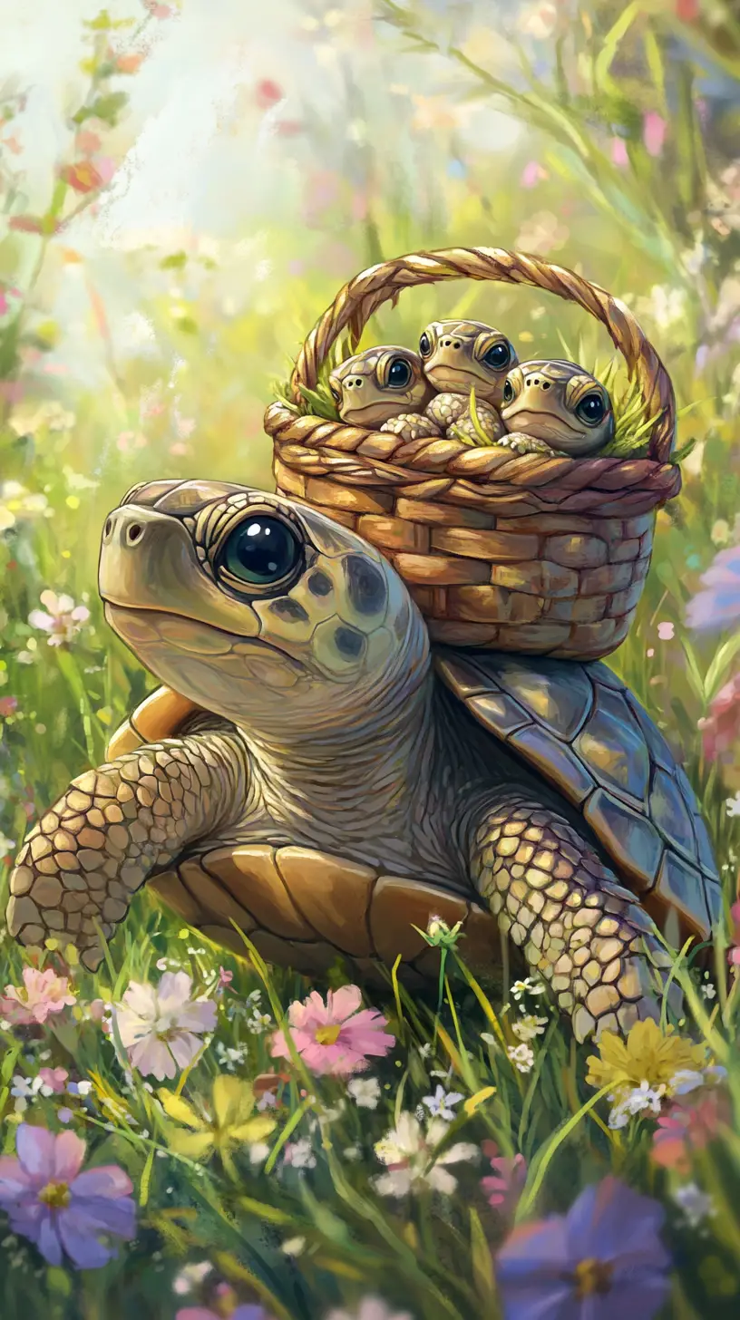 Cute turtle family in a wildflower meadow illustration