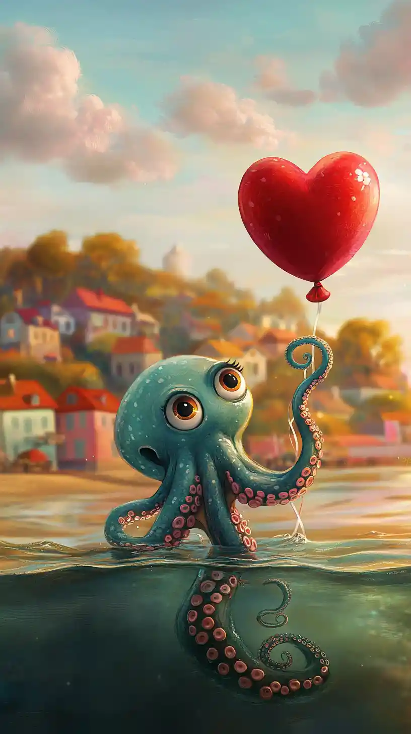 Octopus With Heart Balloon Near A Colorful Coastal Town