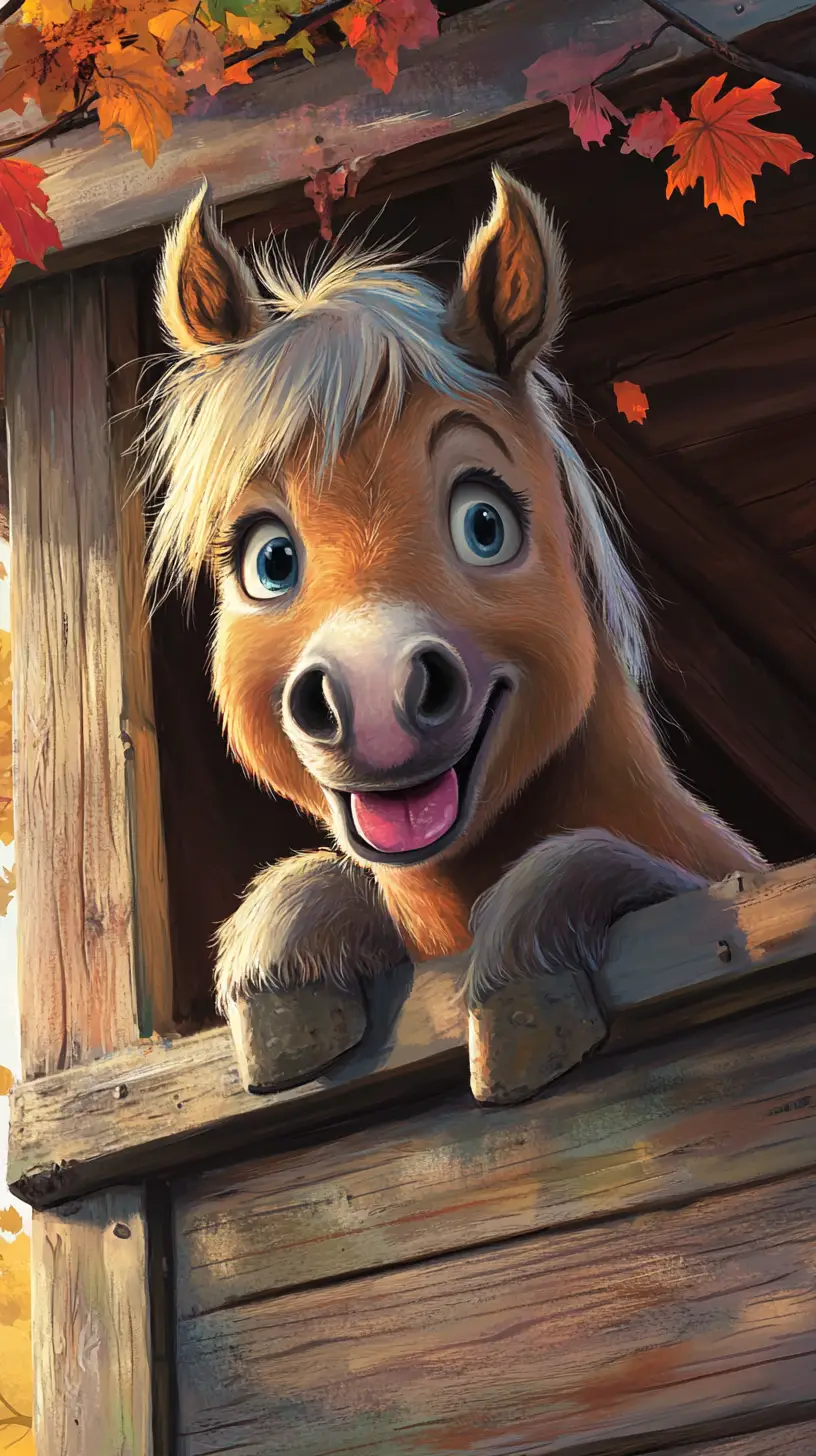 Playful little horse peeking from a wooden barn