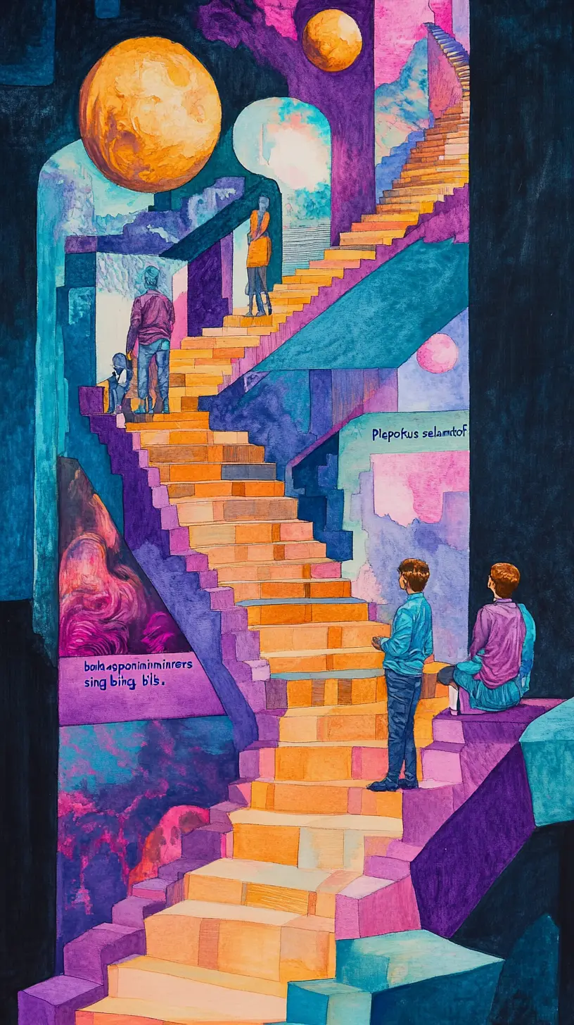 Surreal gouache painting with abstract forms in s curve layout